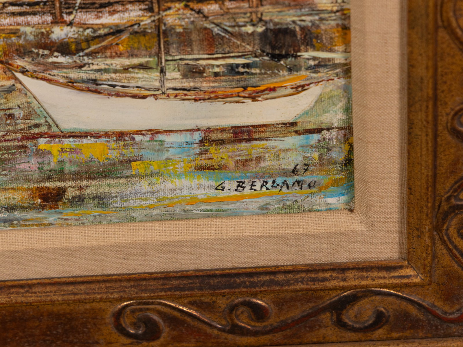 G. Bergamo - c.1967 European Waterfront Village, Oil on Canvas - 2