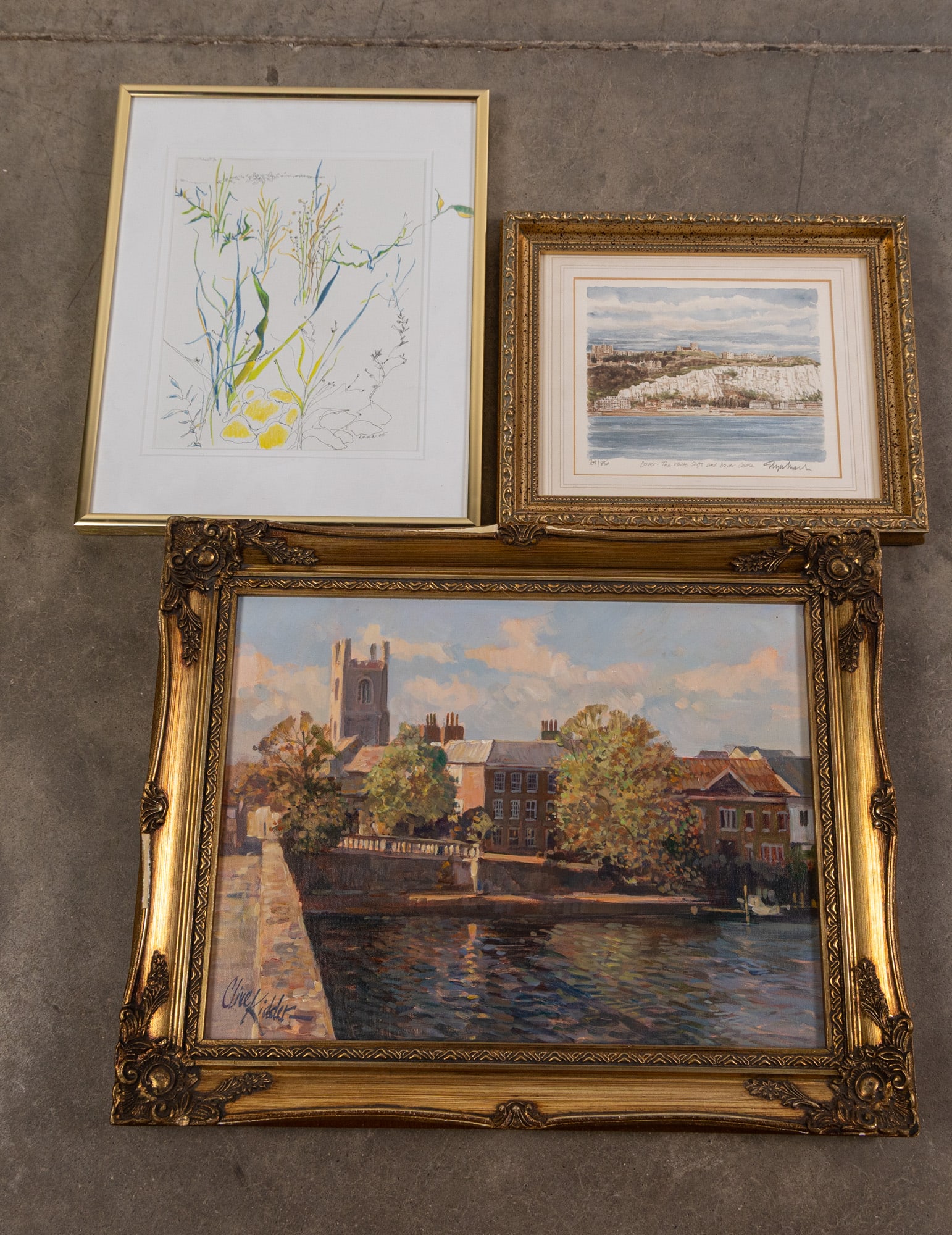 Three Framed Pieces of Art ft. Clive Kidder, Oil on Canvas: Three Framed Pieces of Art ft. Clive Kidder, Oil on Canvas: The Clive Kidder Painting has an indent pitcured Size 16" x 19" Literature Brooks Auction – Online Auction Terms & Conditions