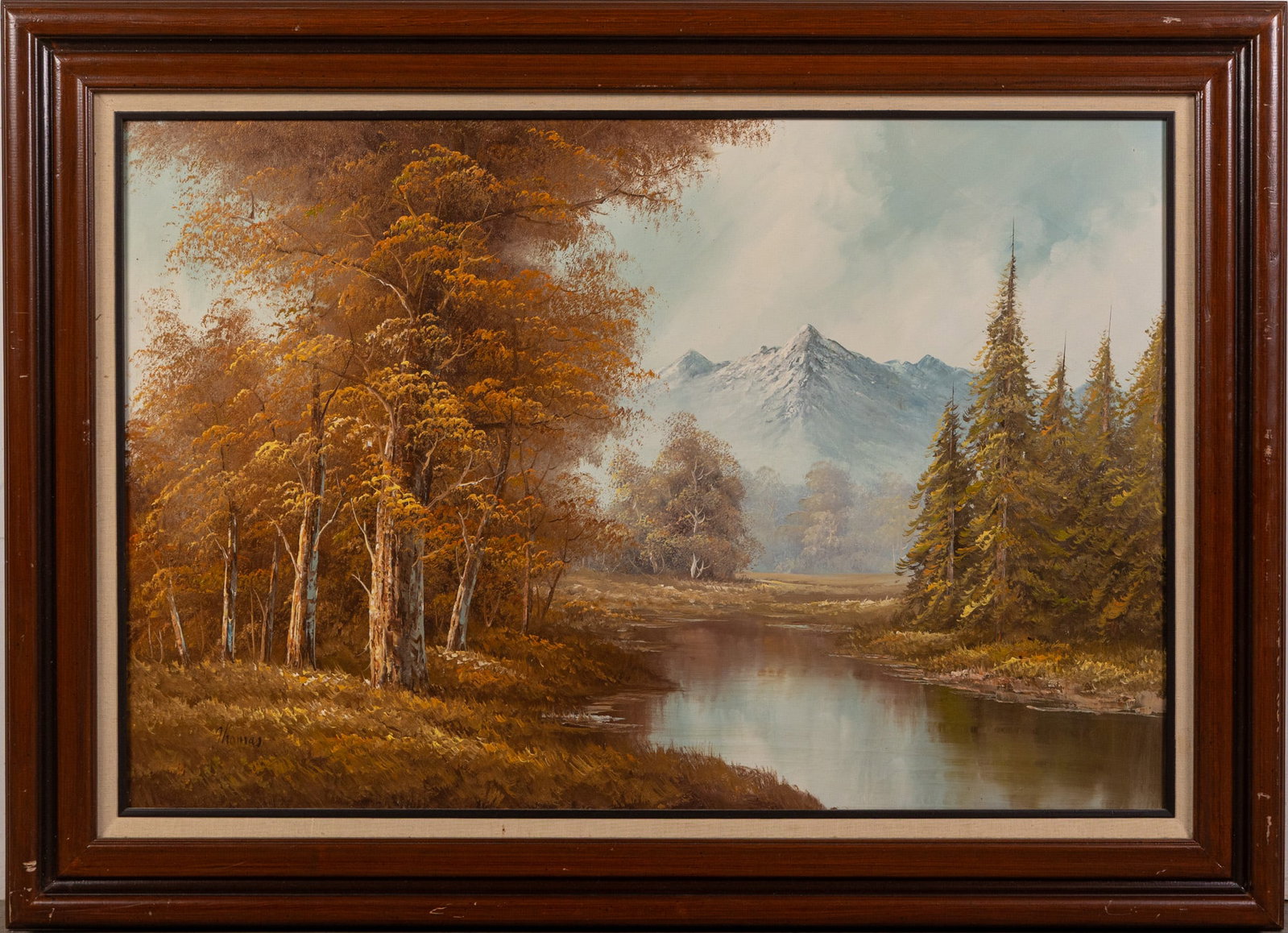 20th c. Wooded River and Mountains Landscape Scene, Oil on Canvas (1 of 2)