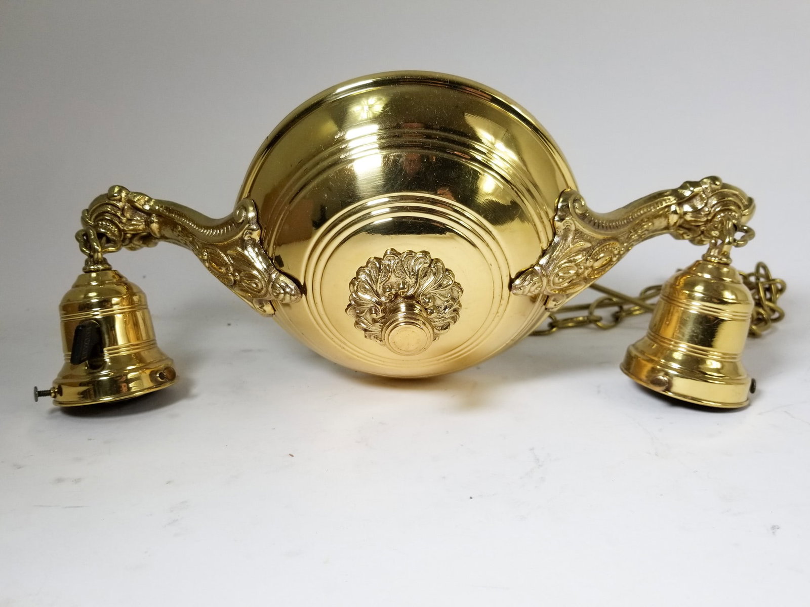 Bryant Art Nouveau Brass Pan Chandelier with Glass Covers & Hardware - 5