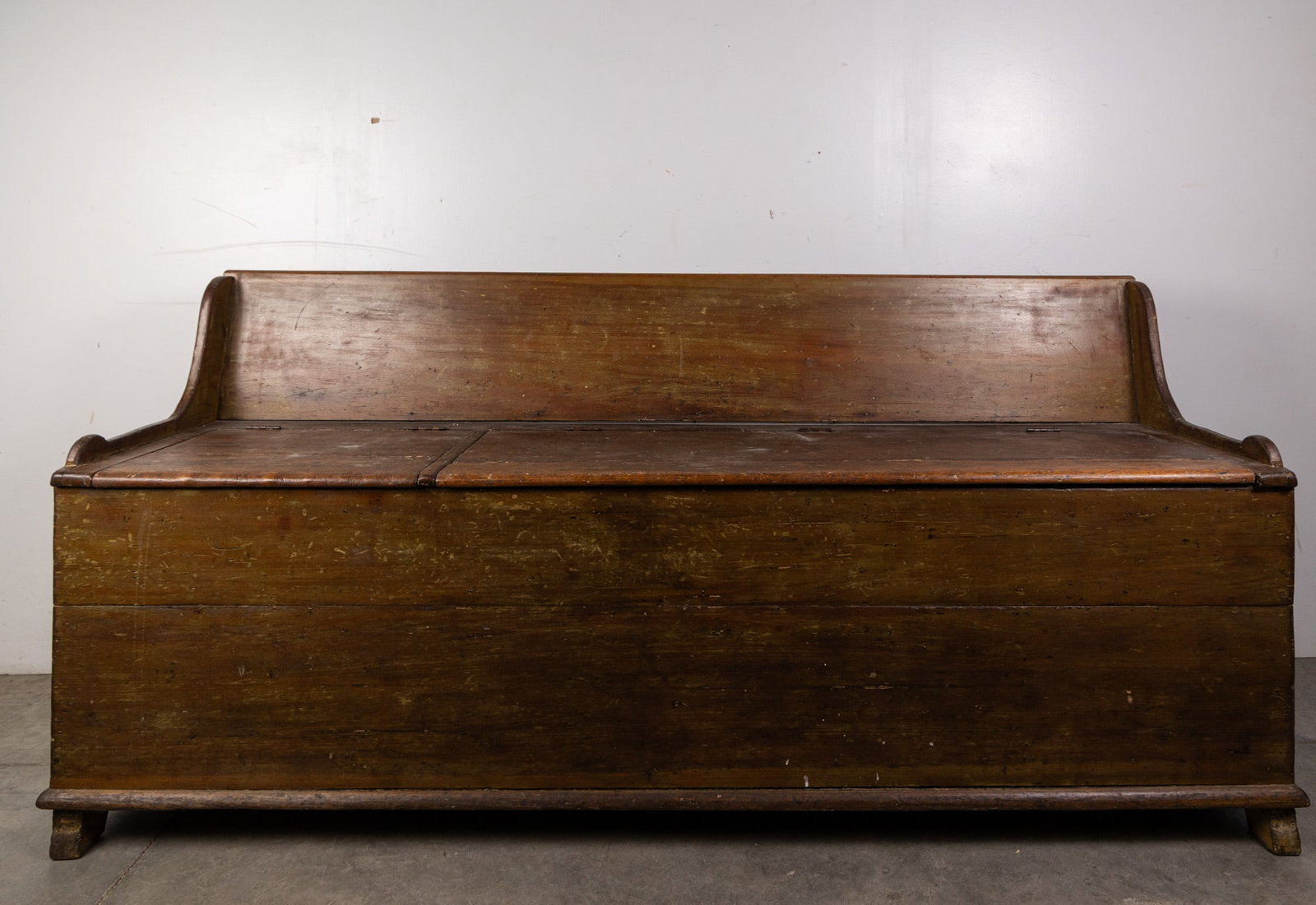Large Antique Primitive Bench with Storage Compartment: Large Antique Primitive Bench with Storage Compartment Size 25" x 71" x 22" Literature Brooks Auction – Online Auction Terms & Conditions Contact: (856) 694-2960 | info@brooks.auction READ