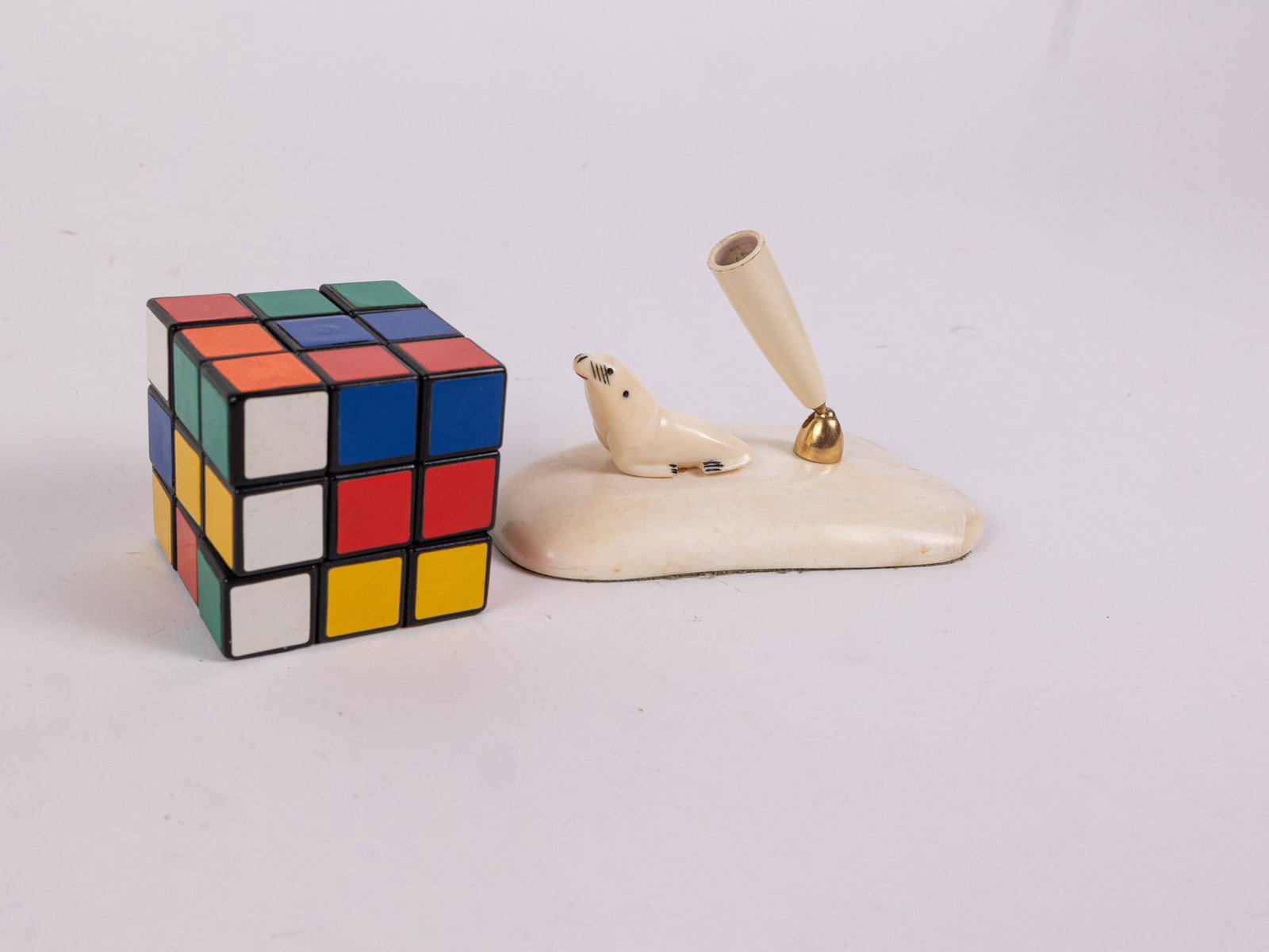 Vintage Carved Bone Pen Holder with Figural Seal - 2