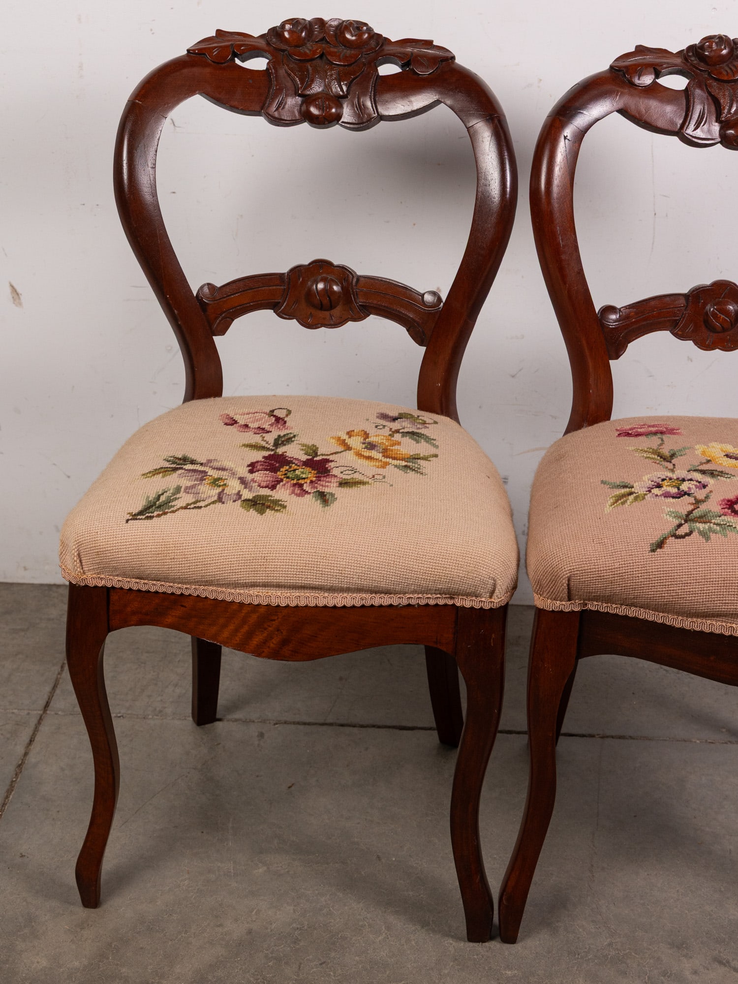 Pair of Victorian Carved Needlepoint Chairs - 2