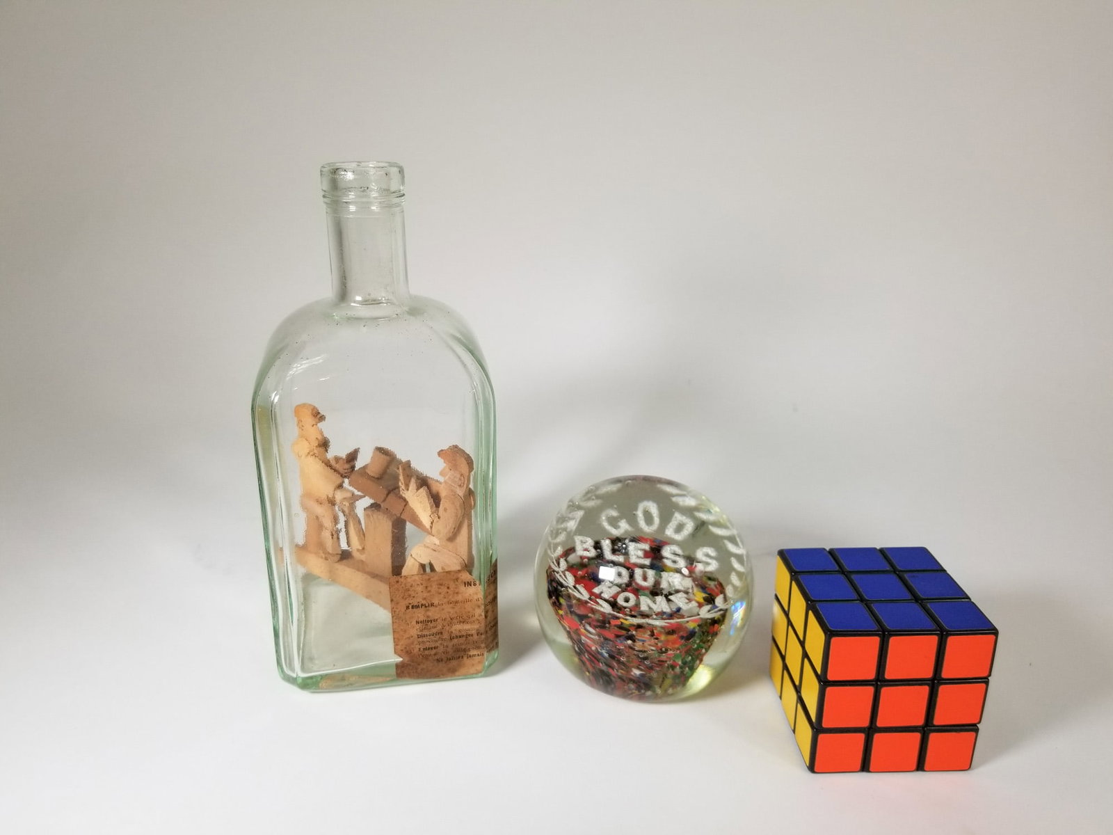 Folk Art Sculpture in Bottle and Vintage Frit Paperweight - 2