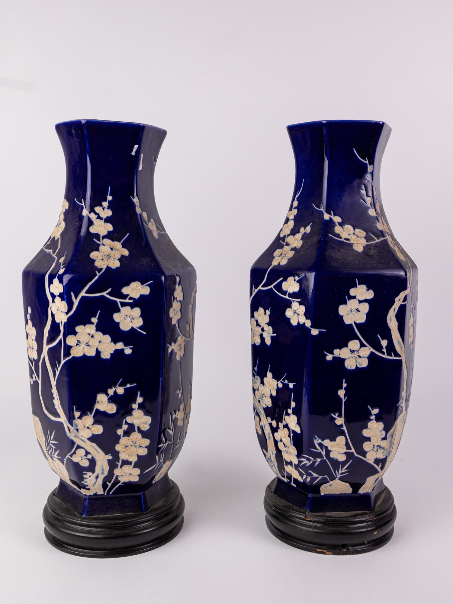 Pair of Vintage Chinese Hexagonal Vases with Deep Cobalt Blue Glaze (1 of 3)