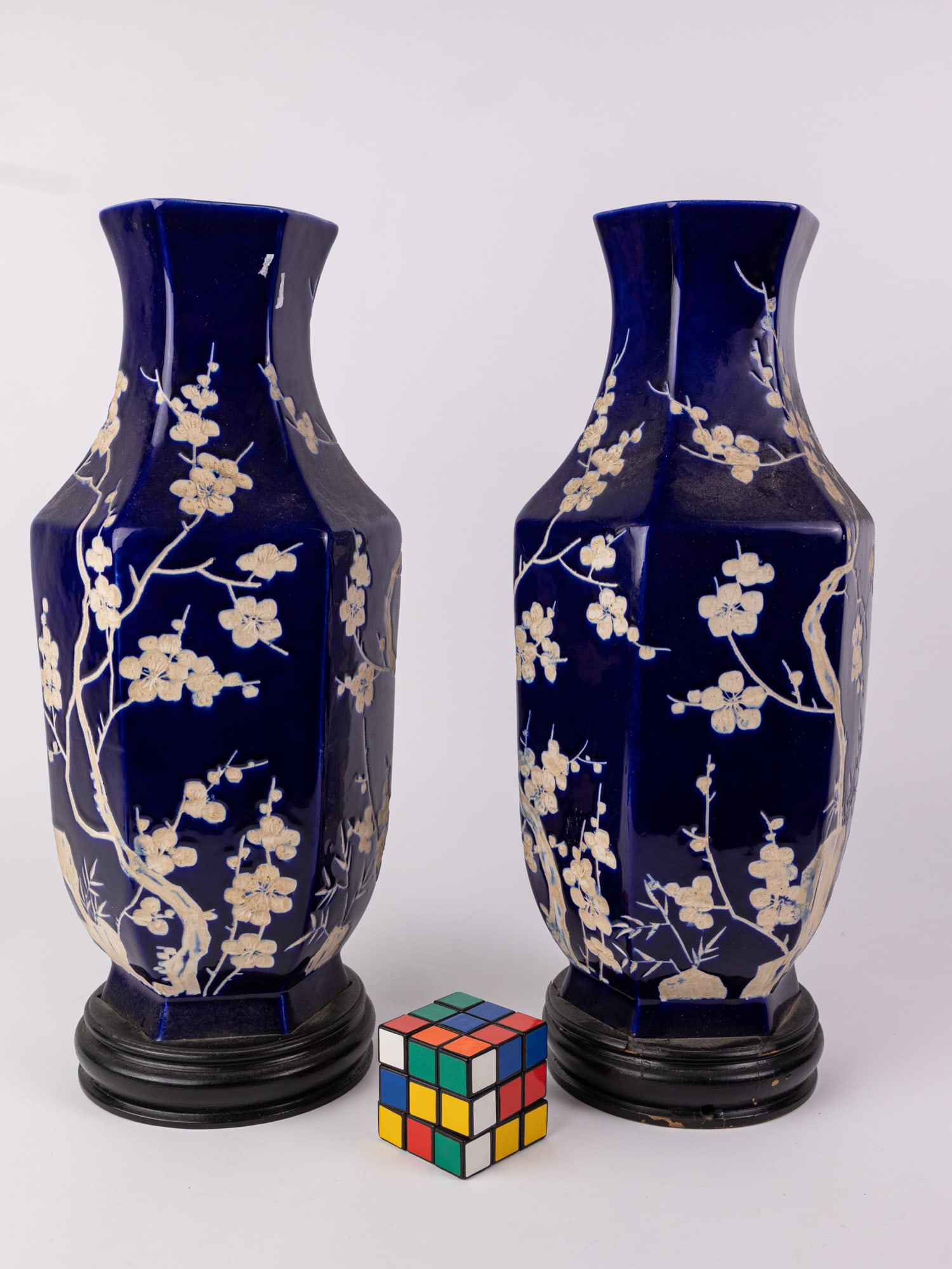 Pair of Vintage Chinese Hexagonal Vases with Deep Cobalt Blue Glaze - 2