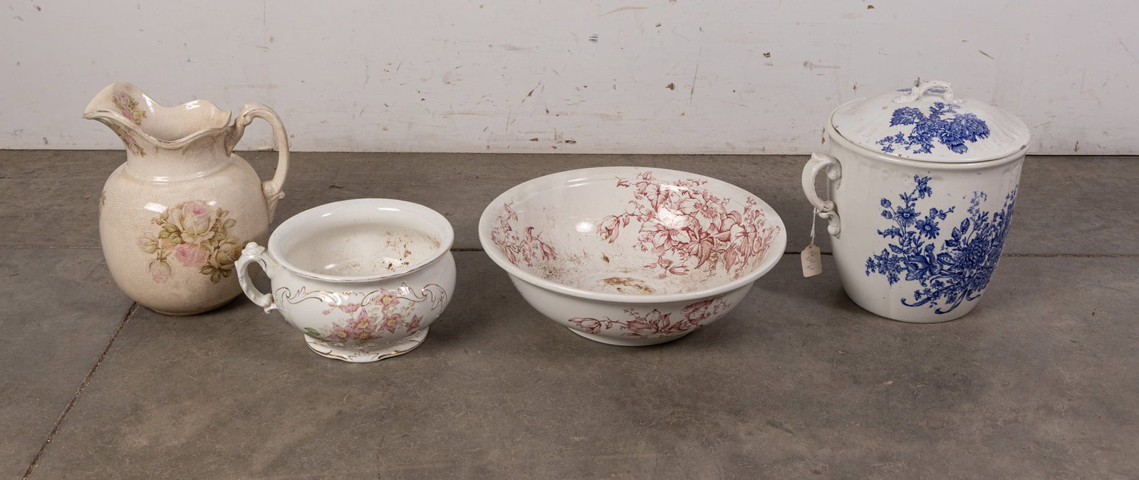 Assorted Vintage Ceramic Washroom Pieces: Vintage Ceramic Slop Pot - Vintage Johnson Brothers Chamber Pot - Vintage Clementson Brothers Ceramic Wash Basin - Vintage Buffalo Pottery Water Pitcher Size 7" x 16" x 16" Literature Brooks Auction