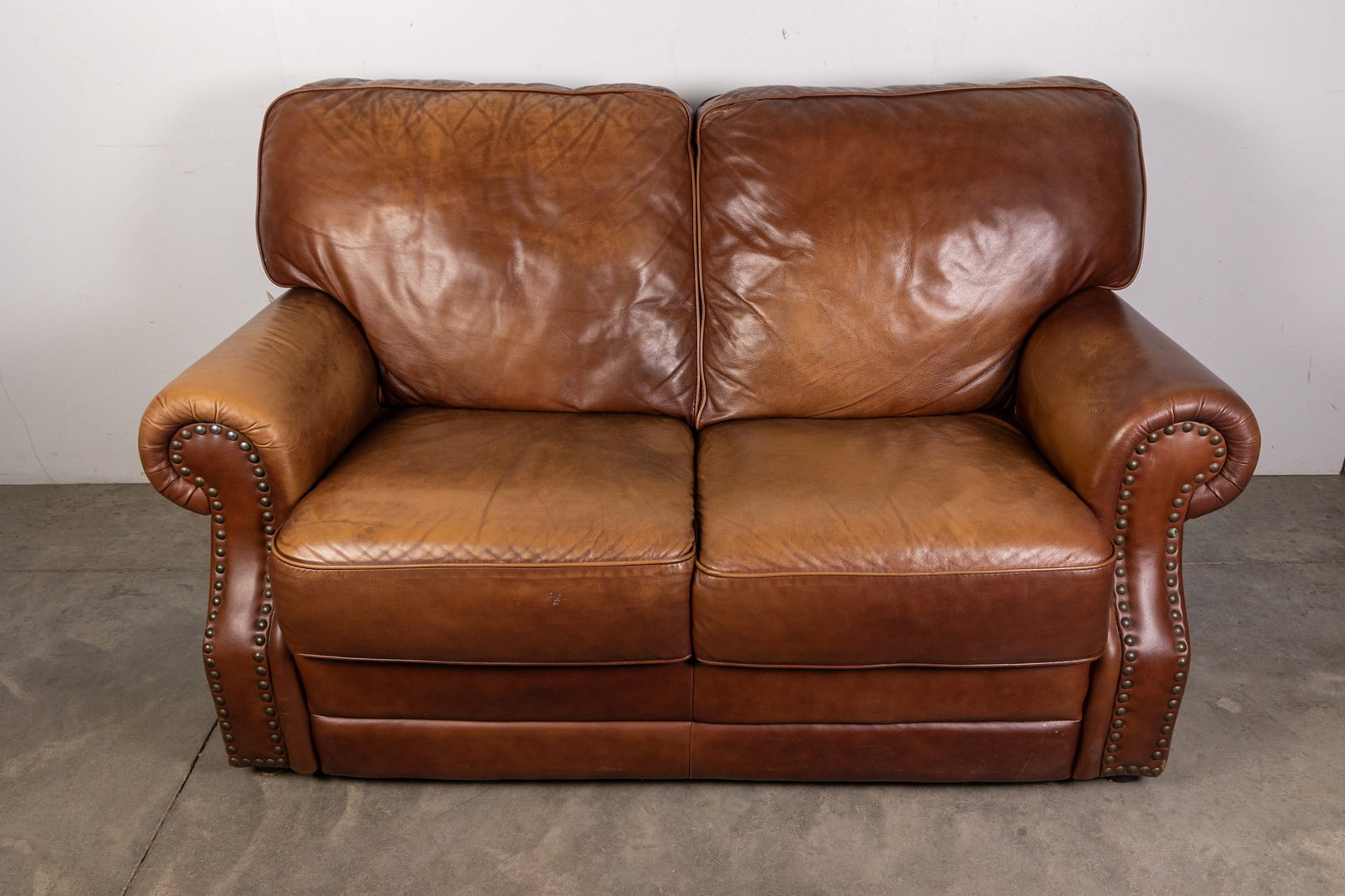 Leather Love Seat with Brass Tack Detailing - 2