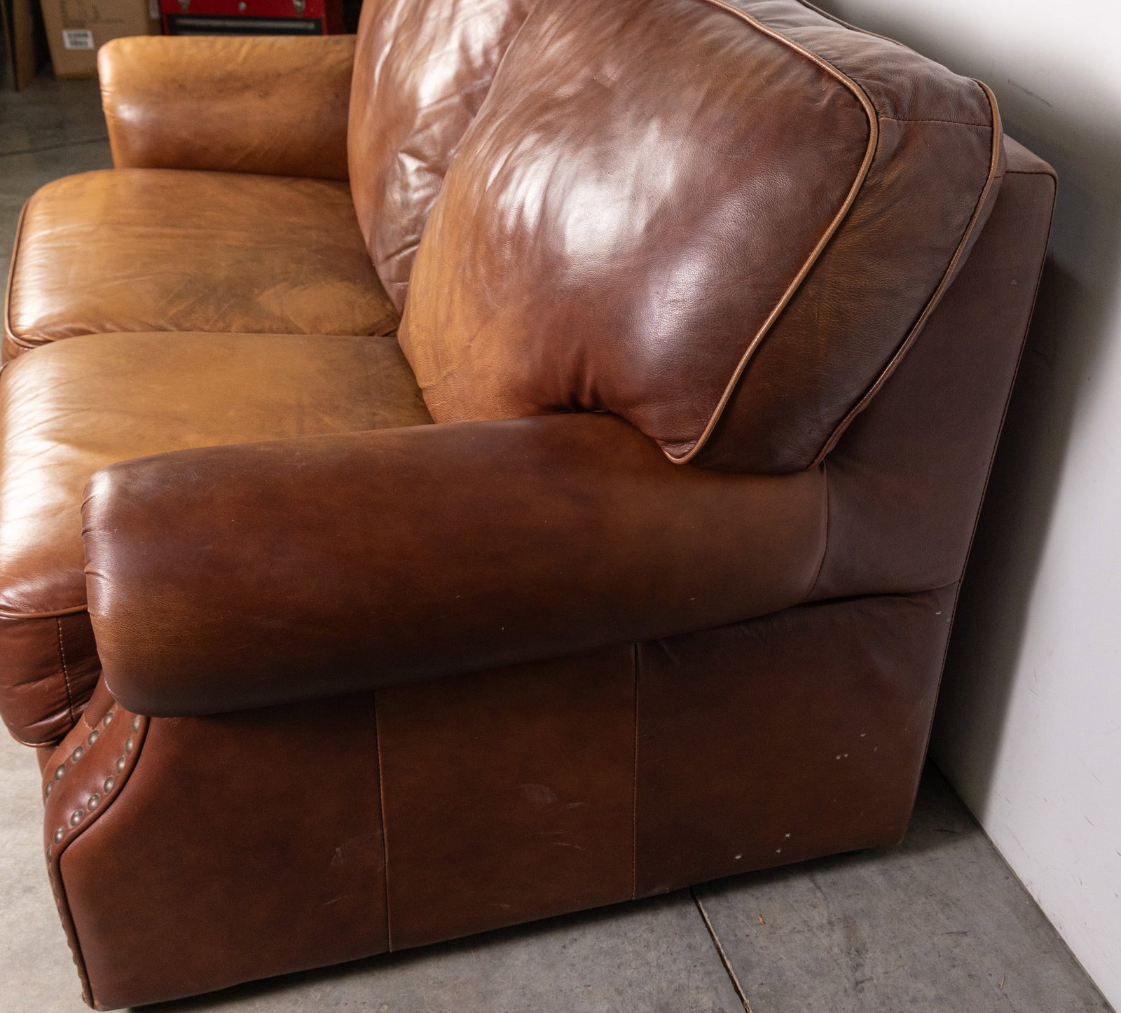 Leather Love Seat with Brass Tack Detailing - 4