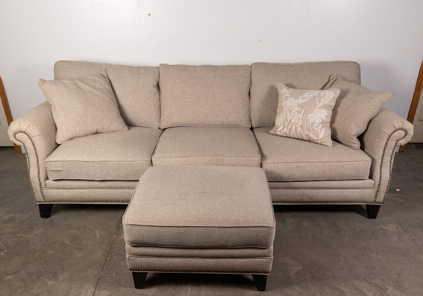 Contemporary Light Grey Tweed Upholstered Sofa and Ottoman (1 of 5)