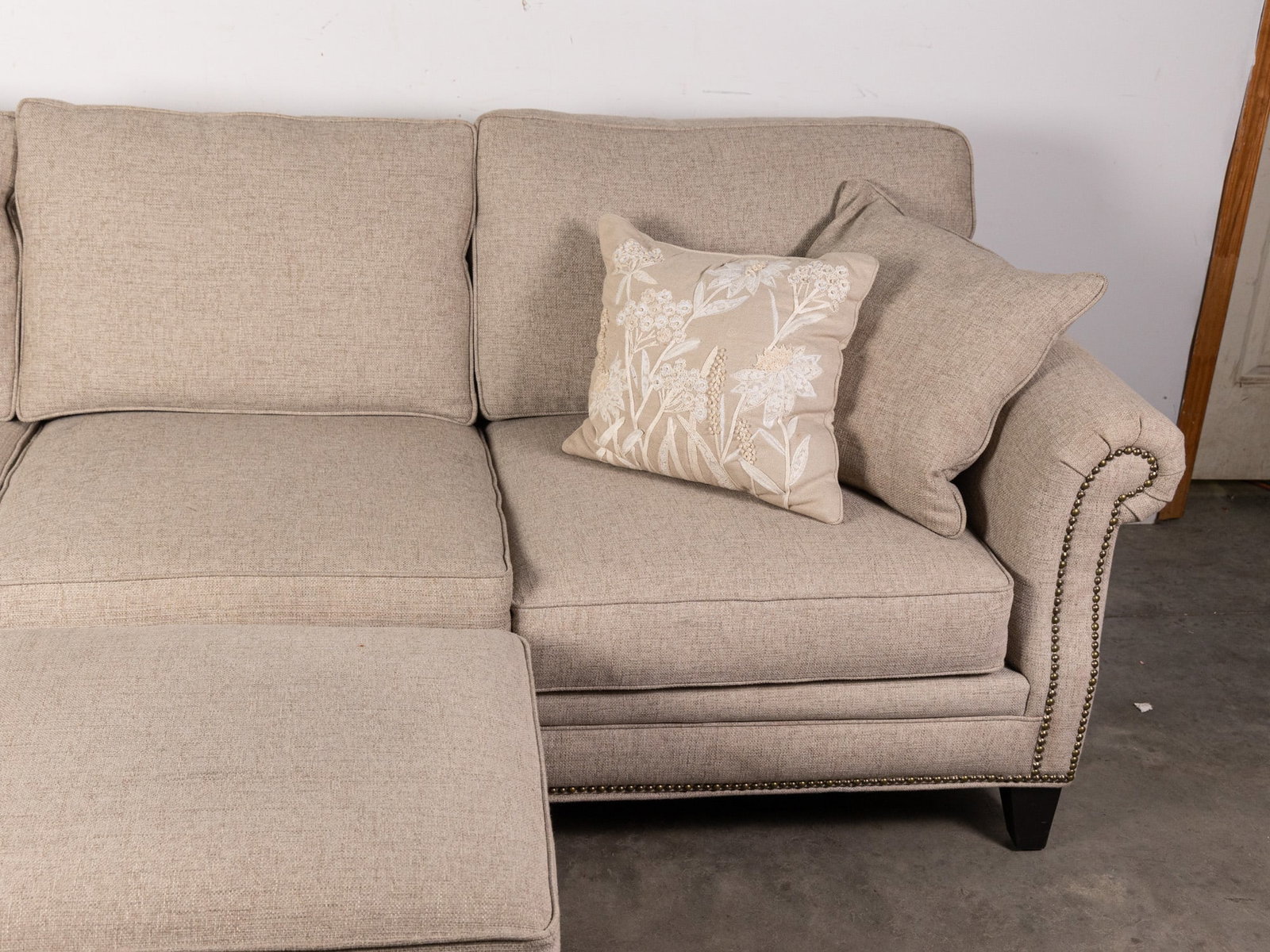 Contemporary Light Grey Tweed Upholstered Sofa and Ottoman - 4