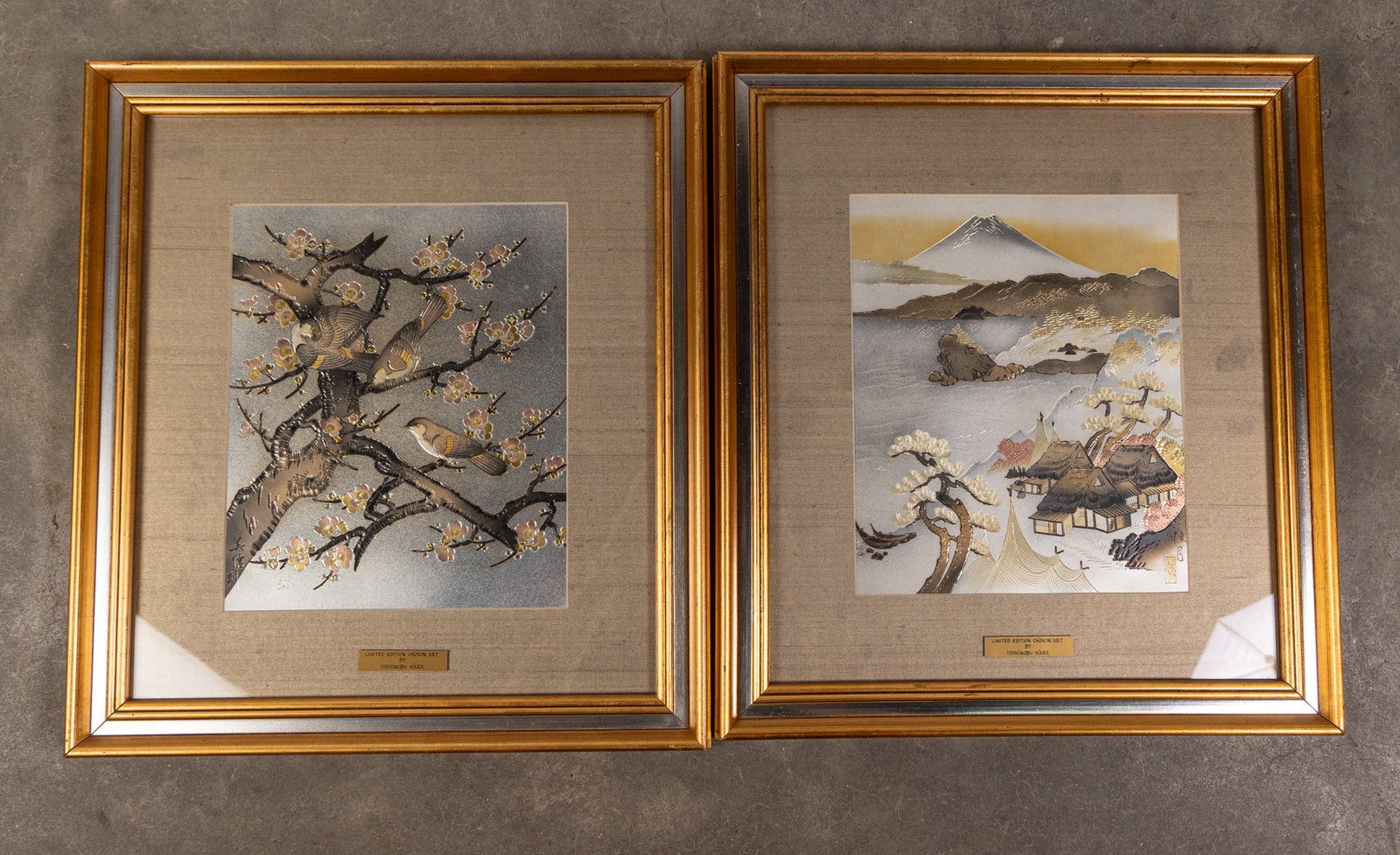 Pair of Vintage Framed Japanese Prints by Yoshinobu Hara: Two pieces of Chokin art, etched copper with gilded silver/gold. Size 18" x 16" Literature Brooks Auction – Online Auction Terms & Conditions Contact: (856) 694-2960 | info@brooks.auction READ