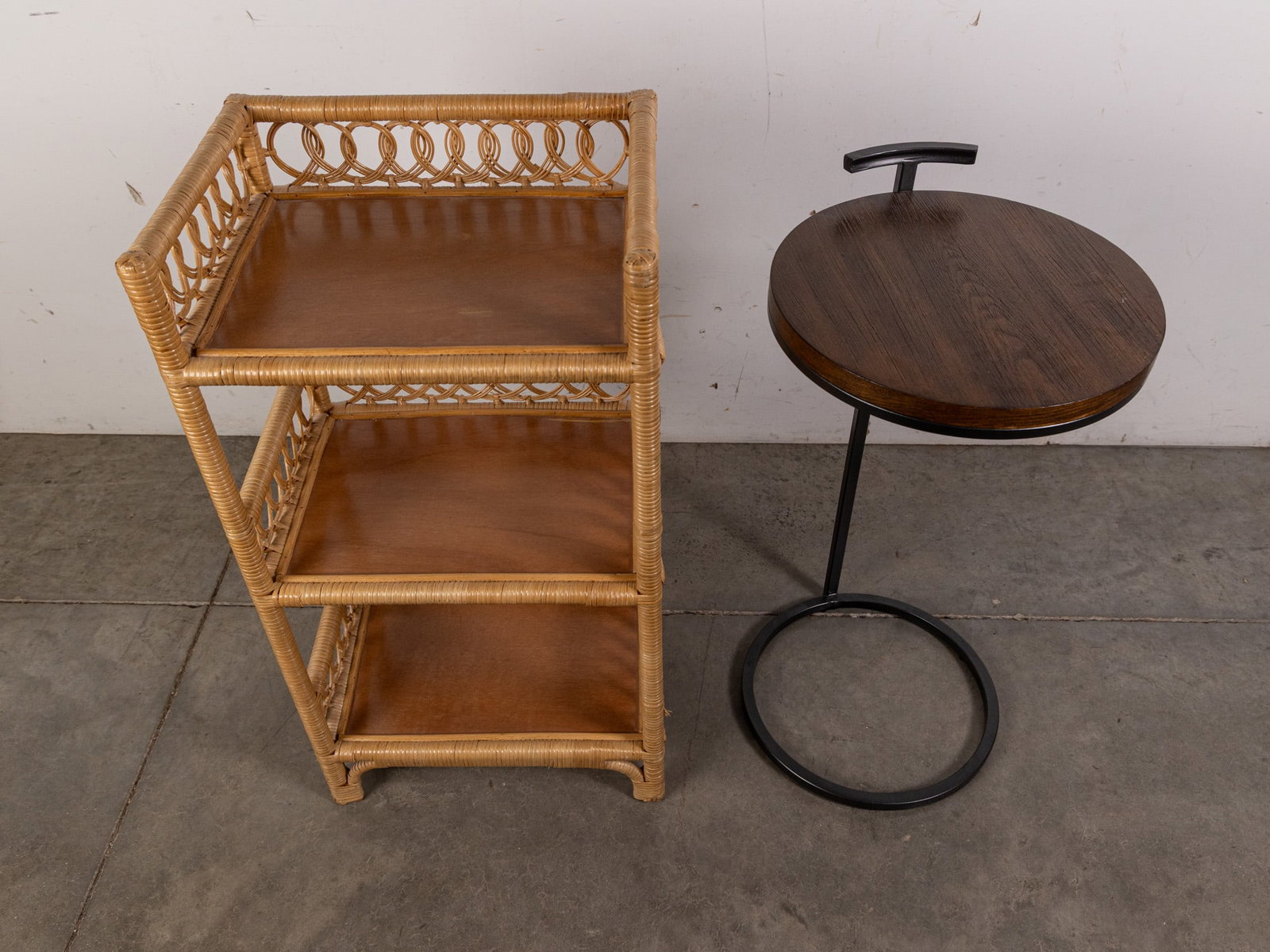 Contemporary 3-Tier Wicker Stand and Circular End Table: Contemporary 3-Tier Wicker Stand and Circular End Table Size 30" x 16" x 12" Literature Brooks Auction – Online Auction Terms & Conditions Contact: (856) 694-2960 | info@brooks.auction READ