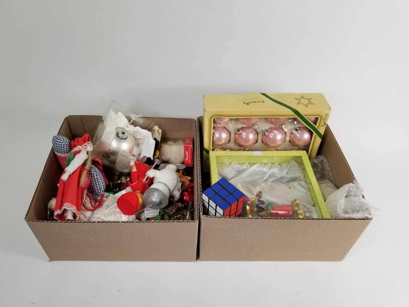 Assortment of Vintage Christmas Tree Decorations ft. Pyramid Satin Pink Ornaments - 2