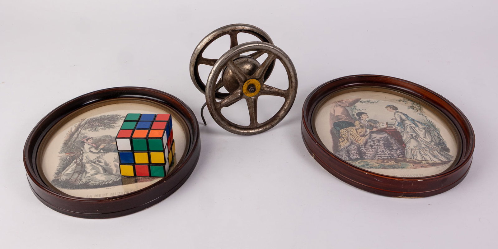 Vintage Oval Frame Prints and Gong Bell Co Pull Toy - 2