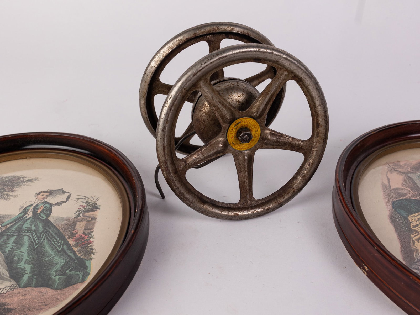 Vintage Oval Frame Prints and Gong Bell Co Pull Toy - 4