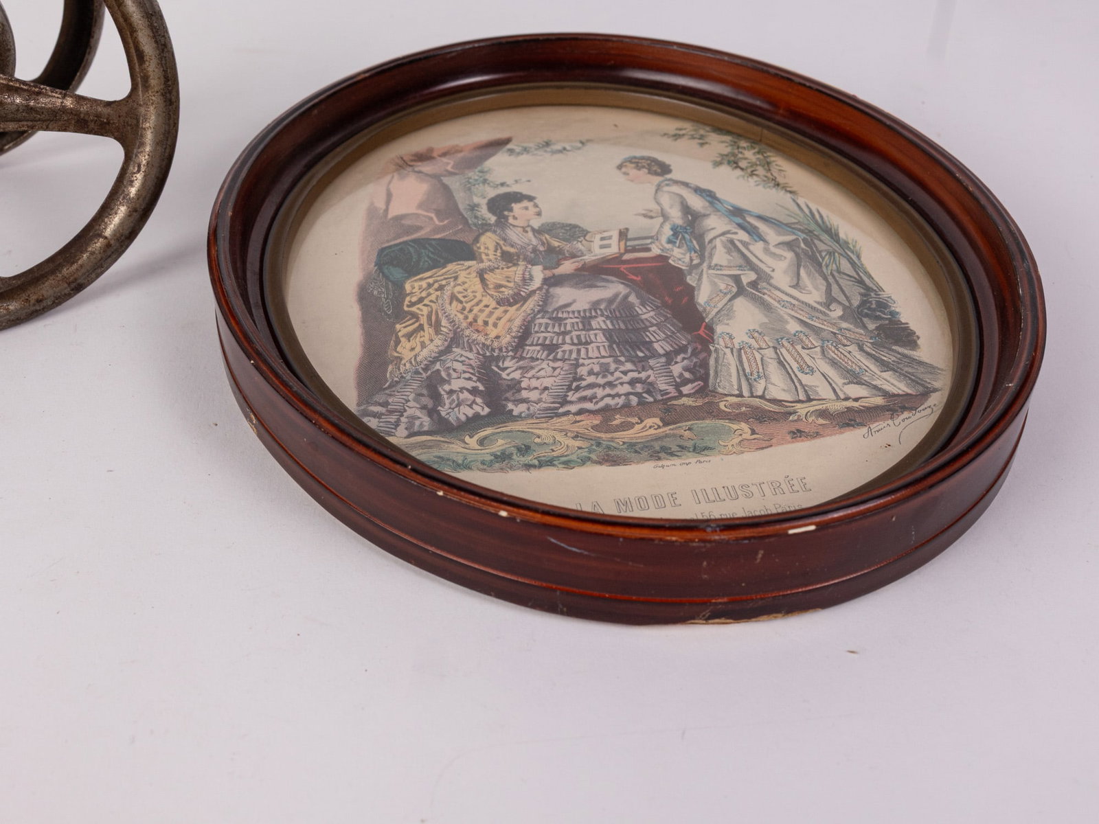Vintage Oval Frame Prints and Gong Bell Co Pull Toy - 5