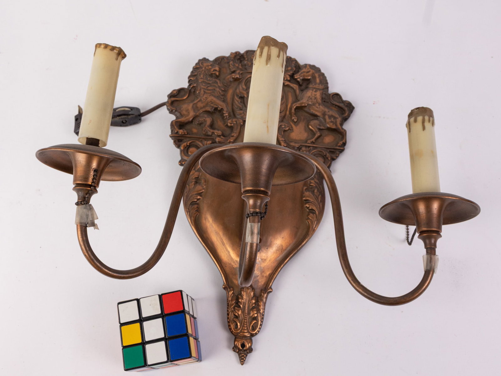 Vintage Ornate Three-Arm Wall Sconce w/ Heraldic Coat of Arms - 2