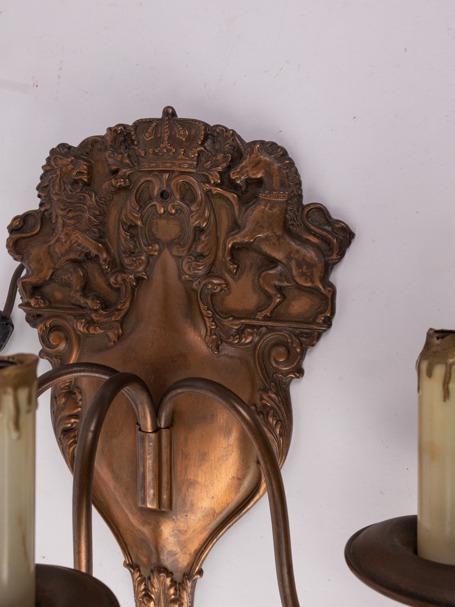 Vintage Ornate Three-Arm Wall Sconce w/ Heraldic Coat of Arms - 3