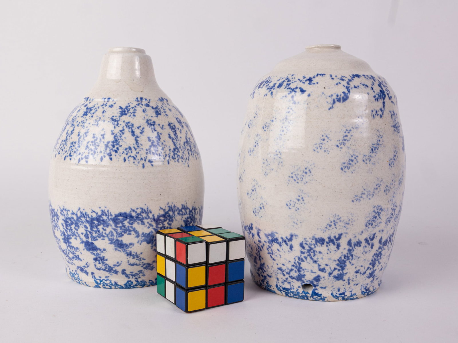 Pair of Vintage Blue Spongeware Decorated Lamp Bases - 2
