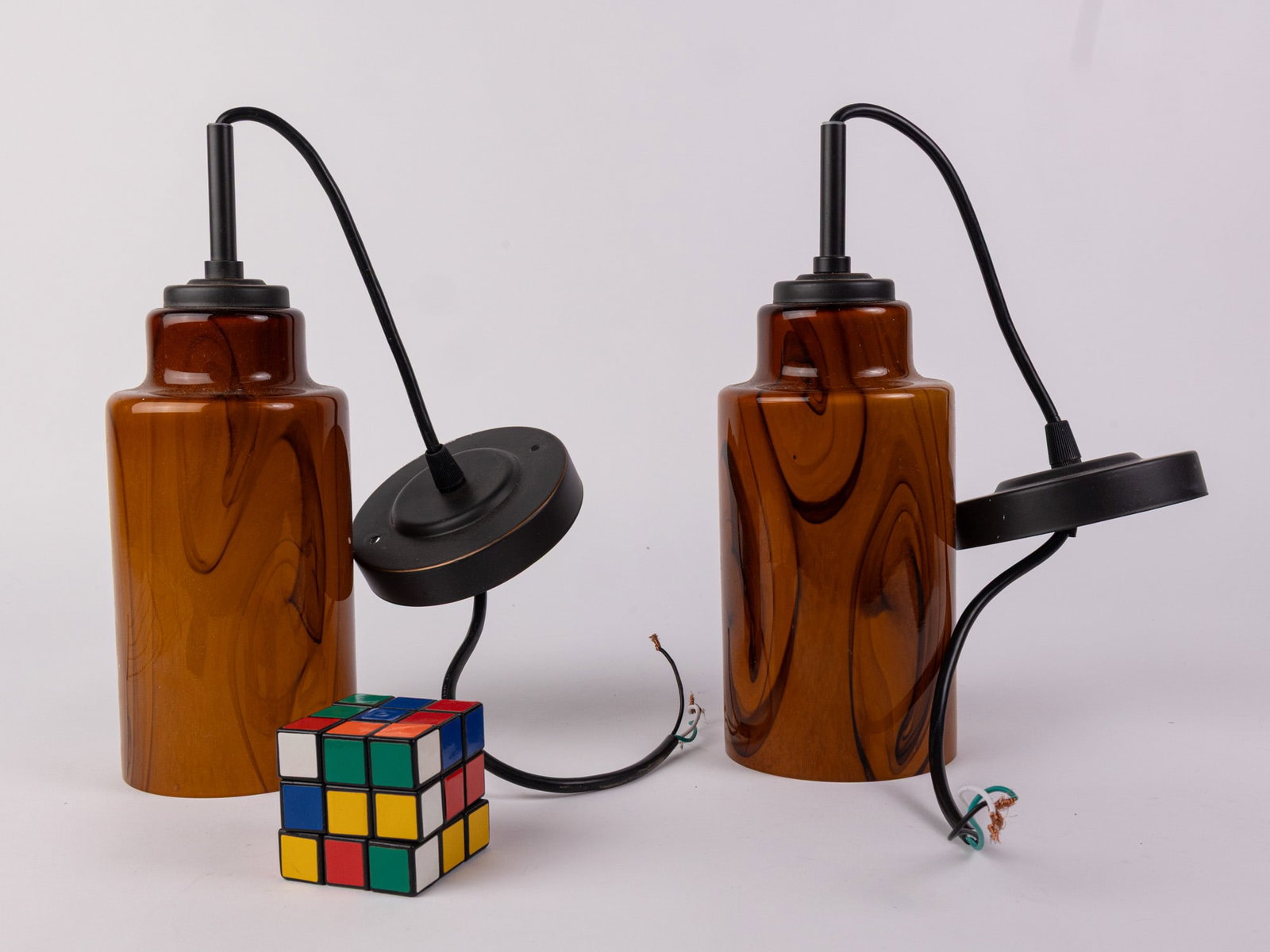 Pair of Amber Marbled Murano Glass Style Pendant Lights - 2