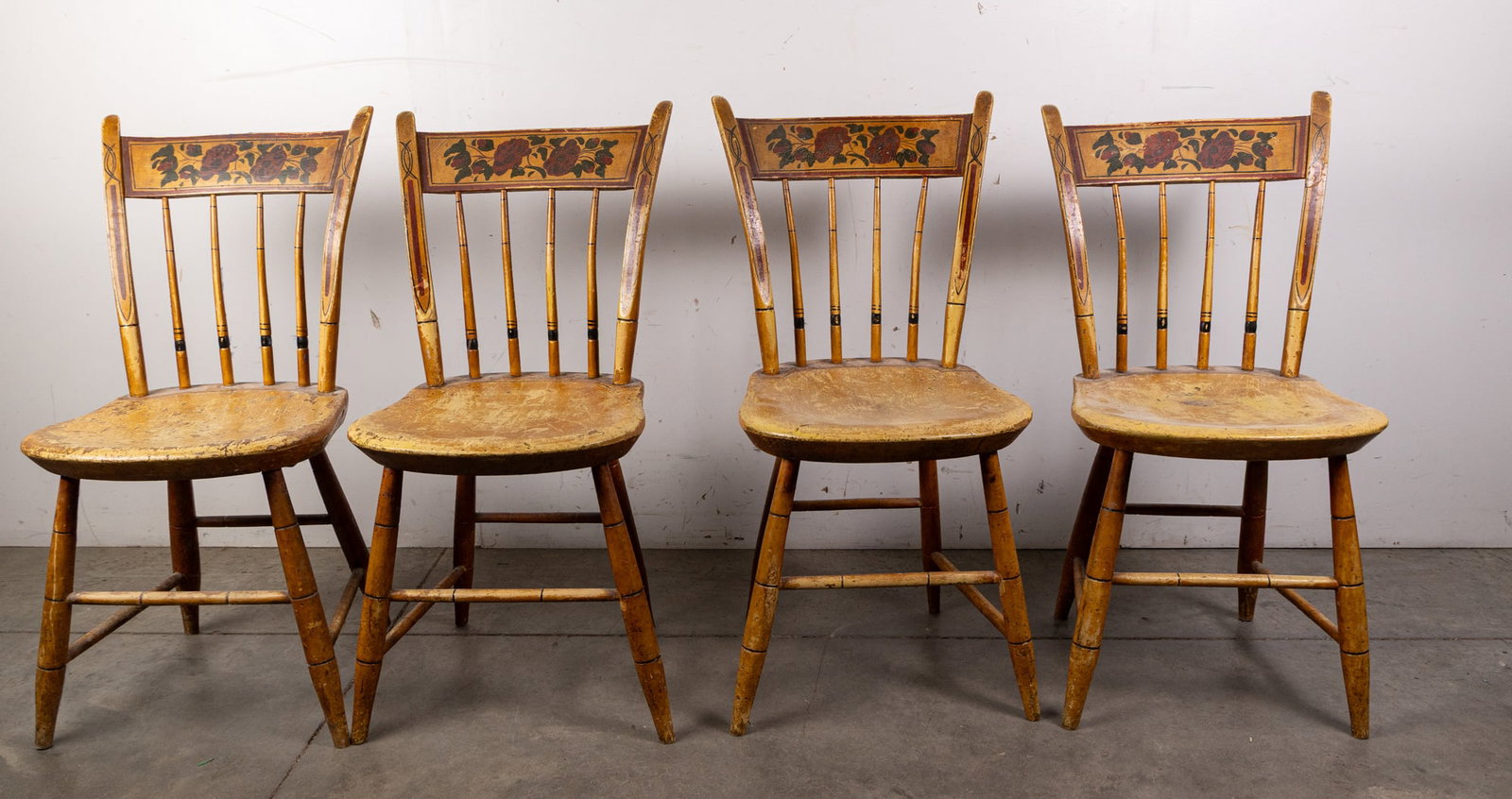 Set of Four Antique Floral Motif Painted Wooden Dining Chairs c. 1810-1820: Set of Four Antique Floral Motif Painted Wooden Dining Chairs c. 1810-1820 Size 34" H Literature Brooks Auction – Online Auction Terms & Conditions Contact: (856) 694-2960 | info@brooks.auction