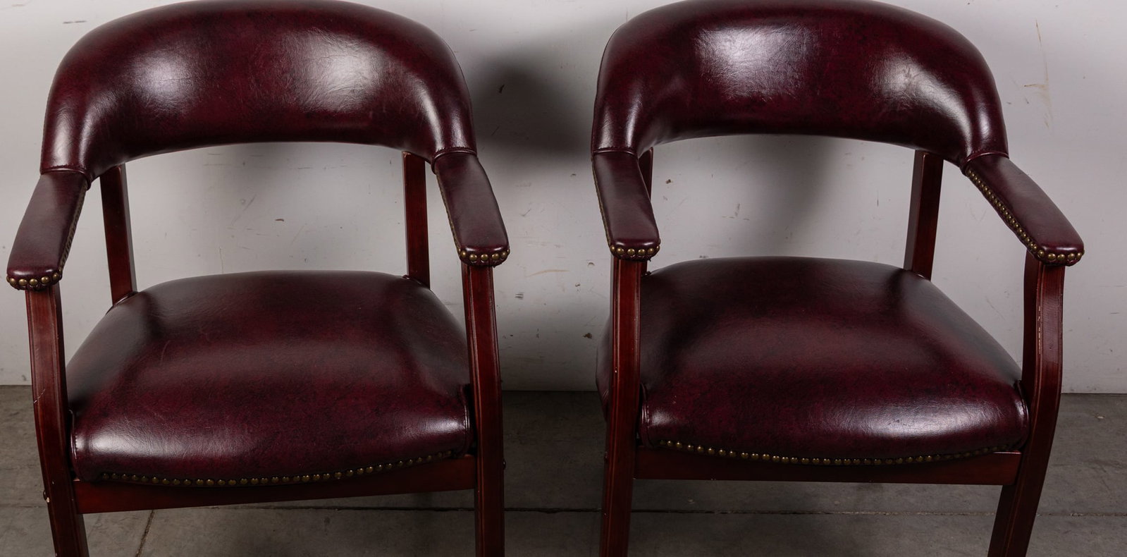Two Contemporary Burgundy Arm Chairs with Brass Tack Accents - 2