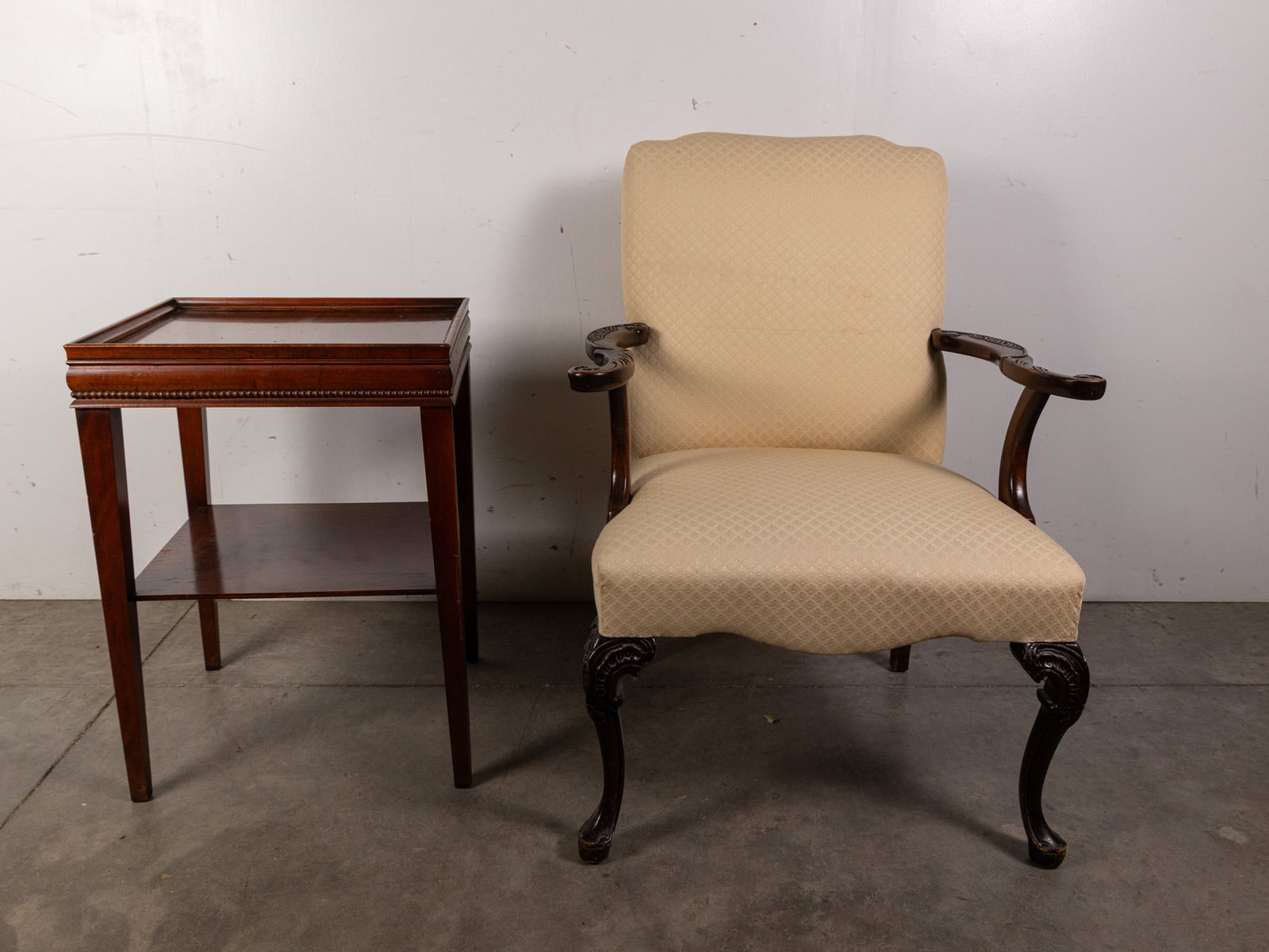 Vintage Upholstered Arm Chair and Side Table: Vintage Upholstered Arm Chair and Side Table Literature Brooks Auction – Online Auction Terms & Conditions Contact: (856) 694-2960 | info@brooks.auction READ BEFORE YOU BID: We want you to feel