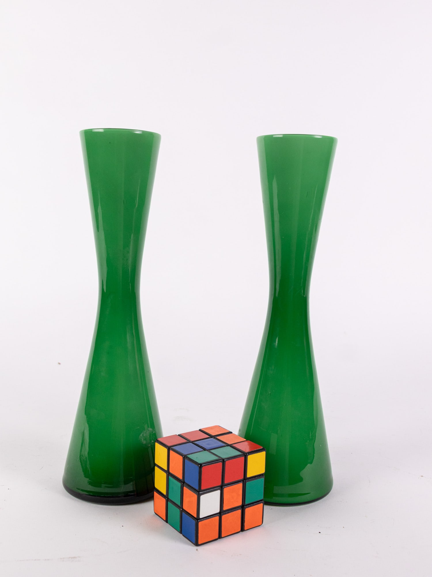 Pair of Mid Century Modern MCM Emerald Green Stylized Glass Vases - 2