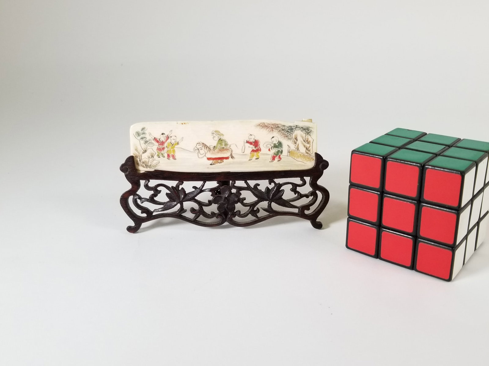 Vintage Asian Carved Scene on Bone with Ornate Wood Stand - 2