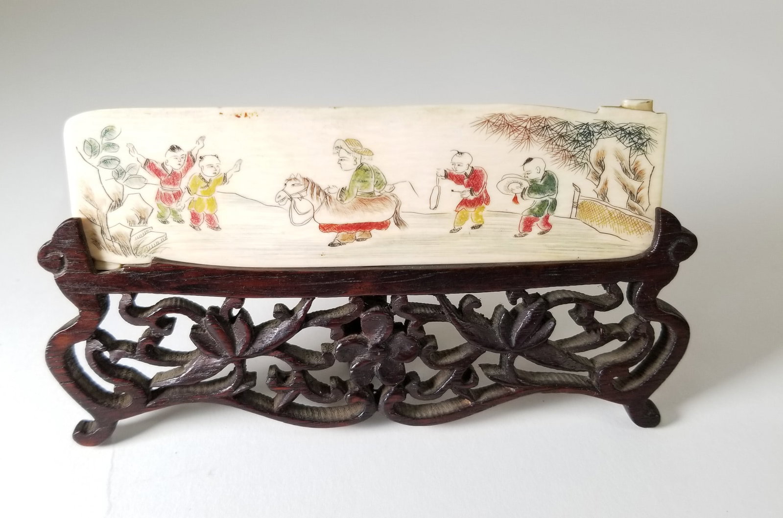 Vintage Asian Carved Scene on Bone with Ornate Wood Stand - 3