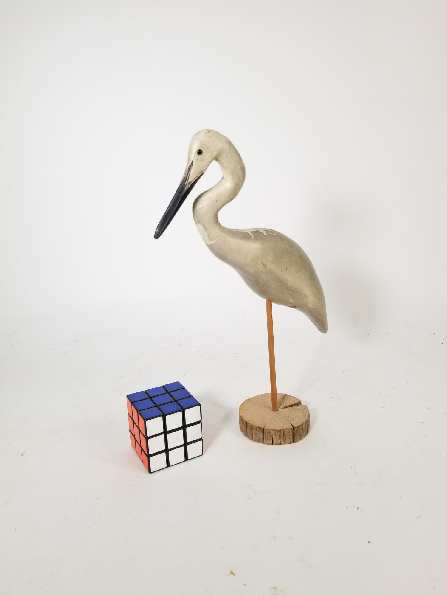 Vintage Carved Wooden Heron Sculpture on Stand - 2