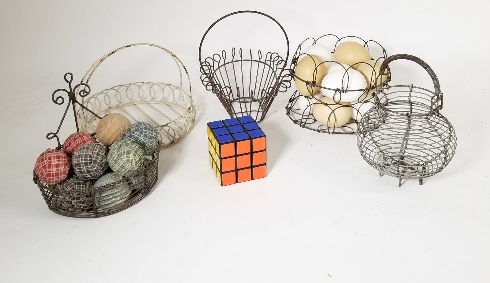 Antique Wire Decorative Egg Baskets with Faux Eggs - 2