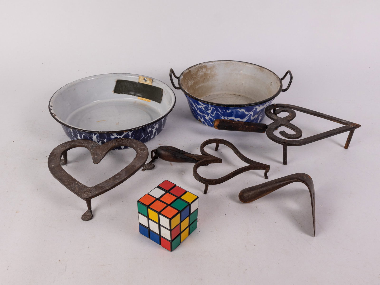 Assorted Antique Iron Trivets and Agateware - 2