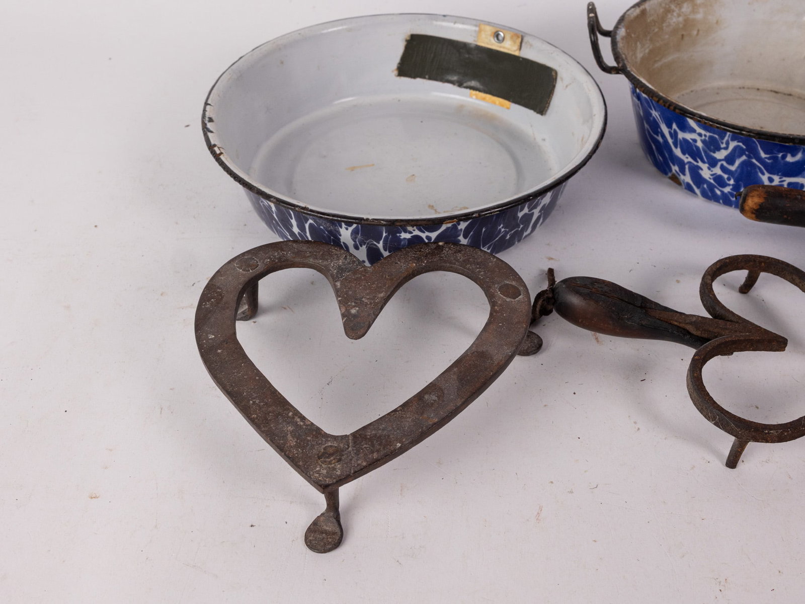 Assorted Antique Iron Trivets and Agateware - 3