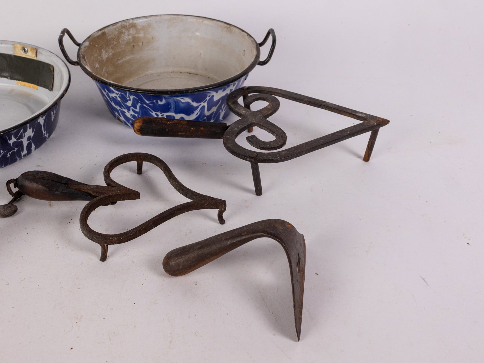 Assorted Antique Iron Trivets and Agateware - 4