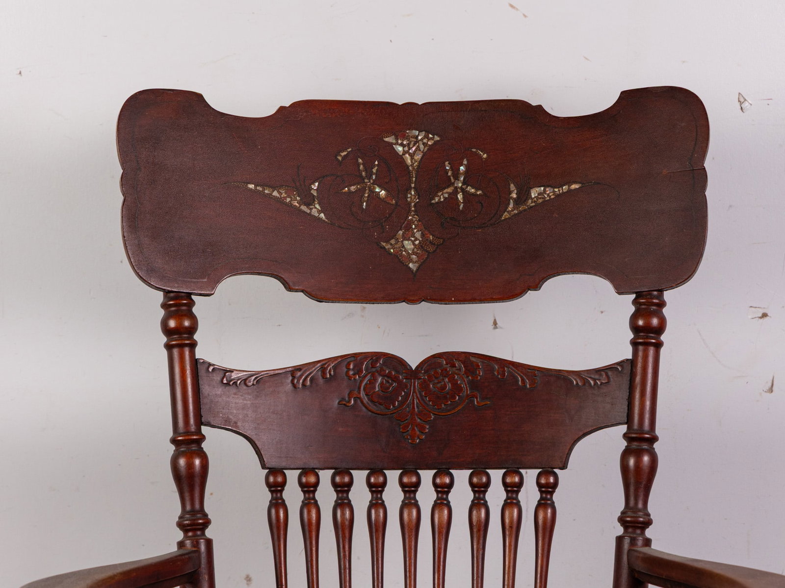 Antique Spindle-Back Windsor Rocking Chair with Mother-of-Pearl Inlay - 2