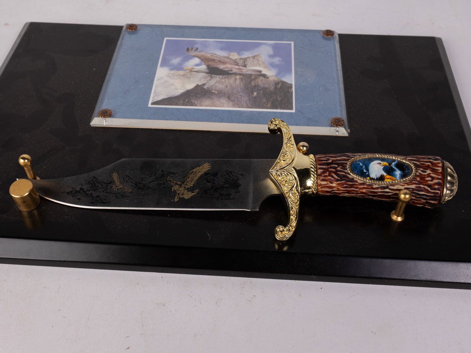 American Eagle Motif Bowie Knife on Display Plaque - 3