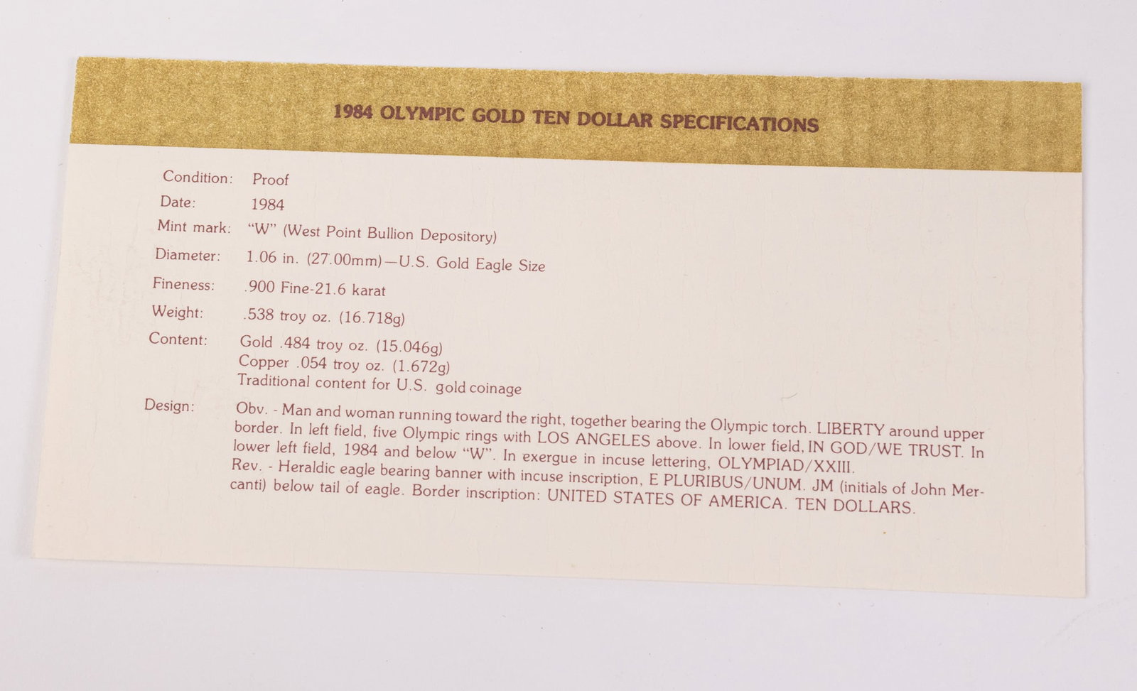 1984 Los Angeles Olympic $10 Gold Eagle Coin - 4