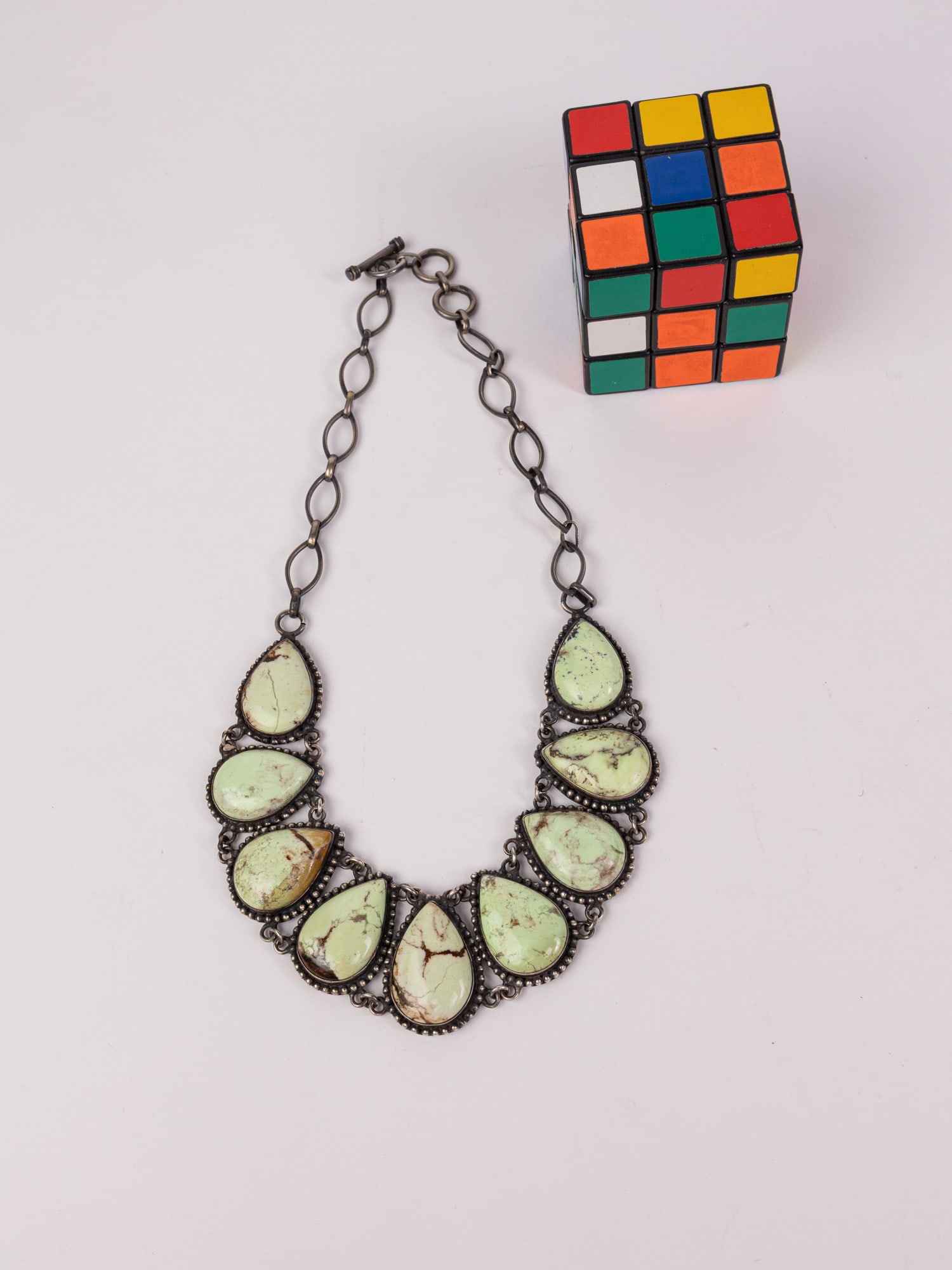 Southwest Style Sterling and Pale Green Teardrop Stone Necklace - 2