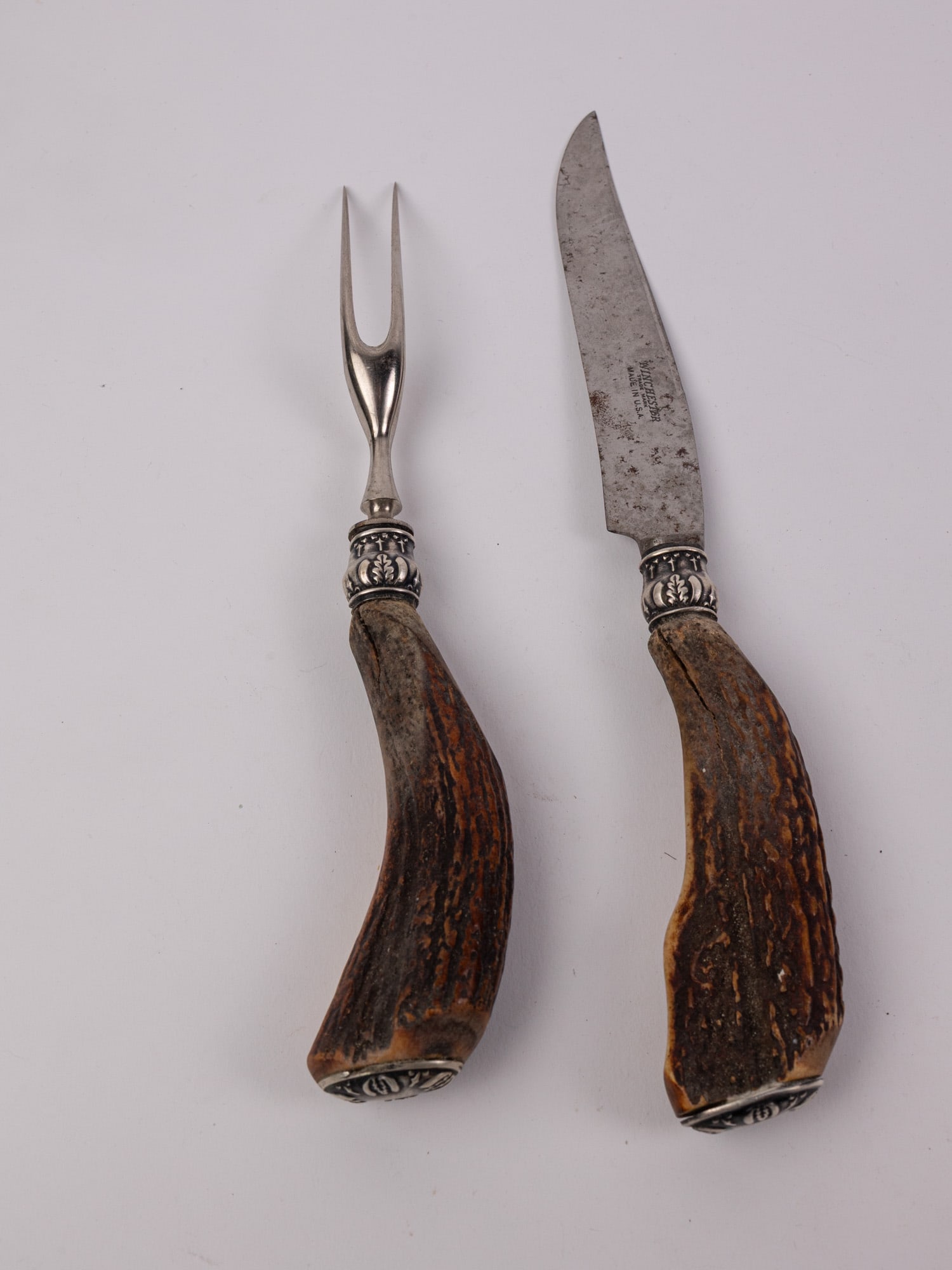 Antique Two-Piece Winchester Sterling & Antler Stag Carving Set - 5