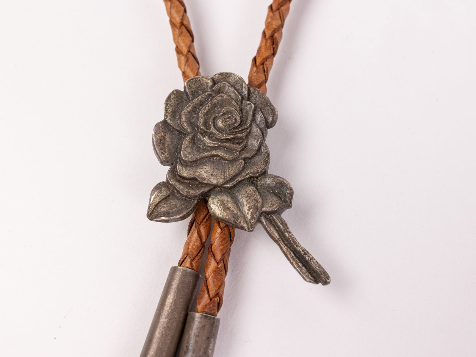 Native American Sterling Silver and Brown Braided Leather Bolo Tie - 5