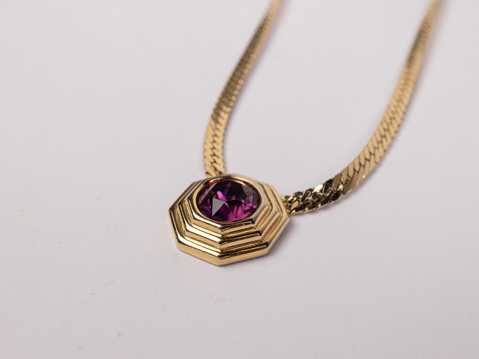 Vintage Christian Dior Gold-Tone Herringbone Chain Necklace w/ Purple Stone - 2
