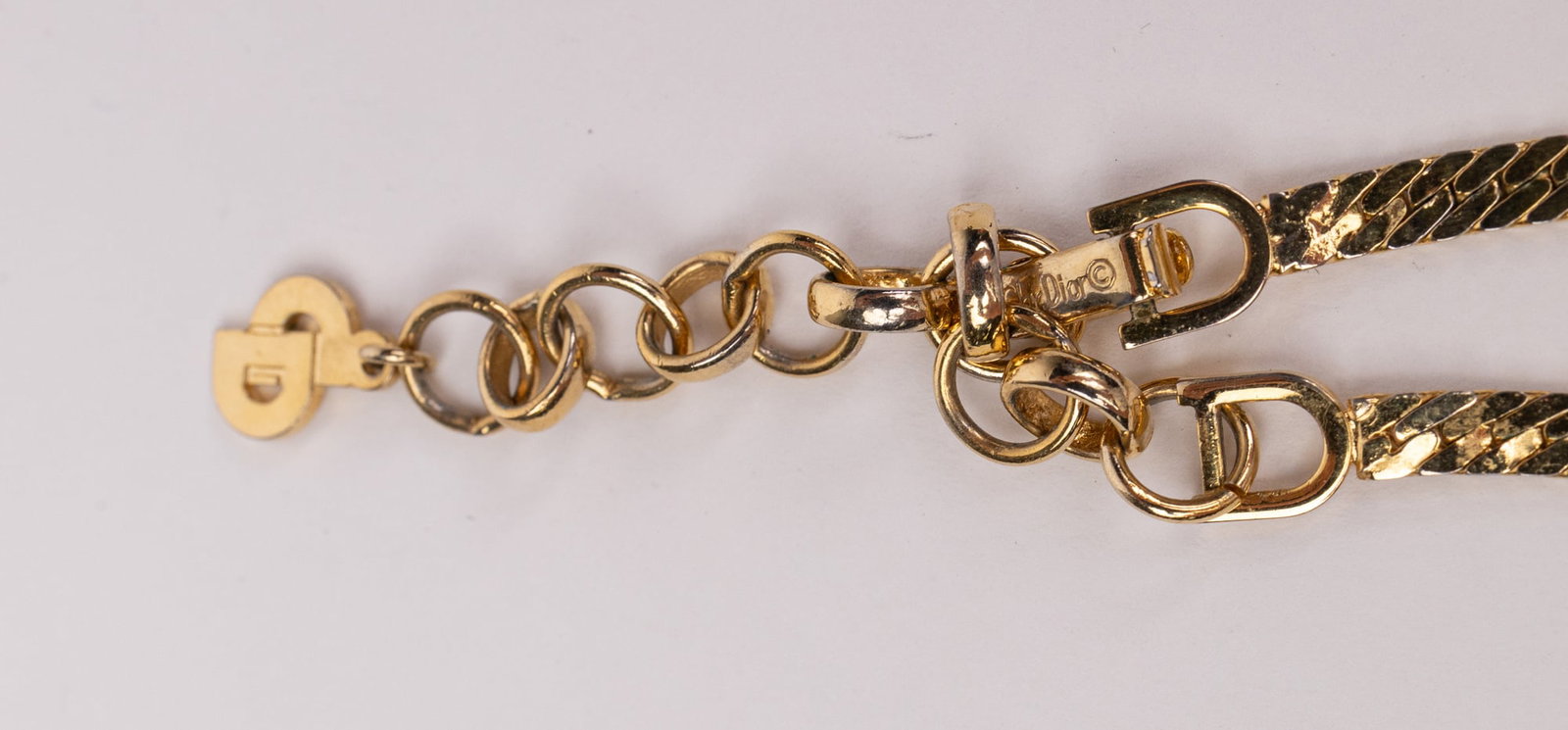 Vintage Christian Dior Gold-Tone Herringbone Chain Necklace w/ Purple Stone - 4
