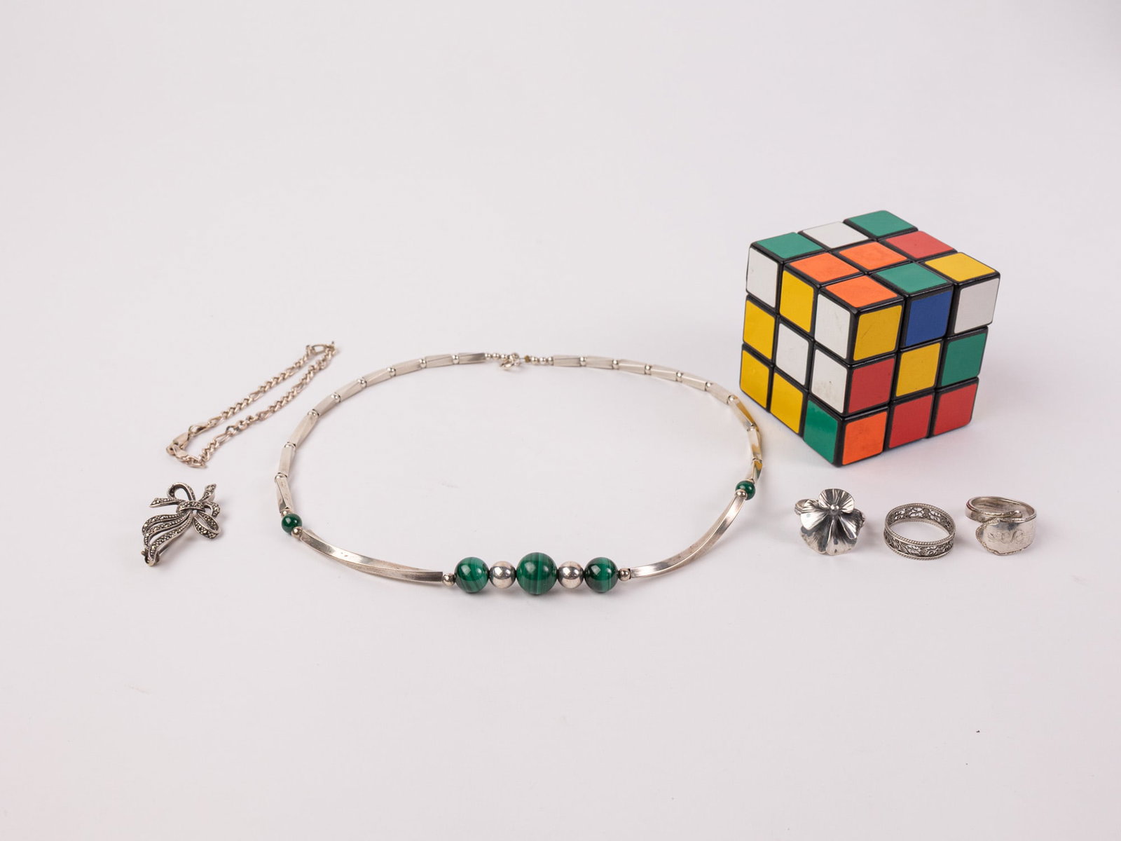 Grouping of Assorted Silver Jewelry ft. Malachite Necklace - 2
