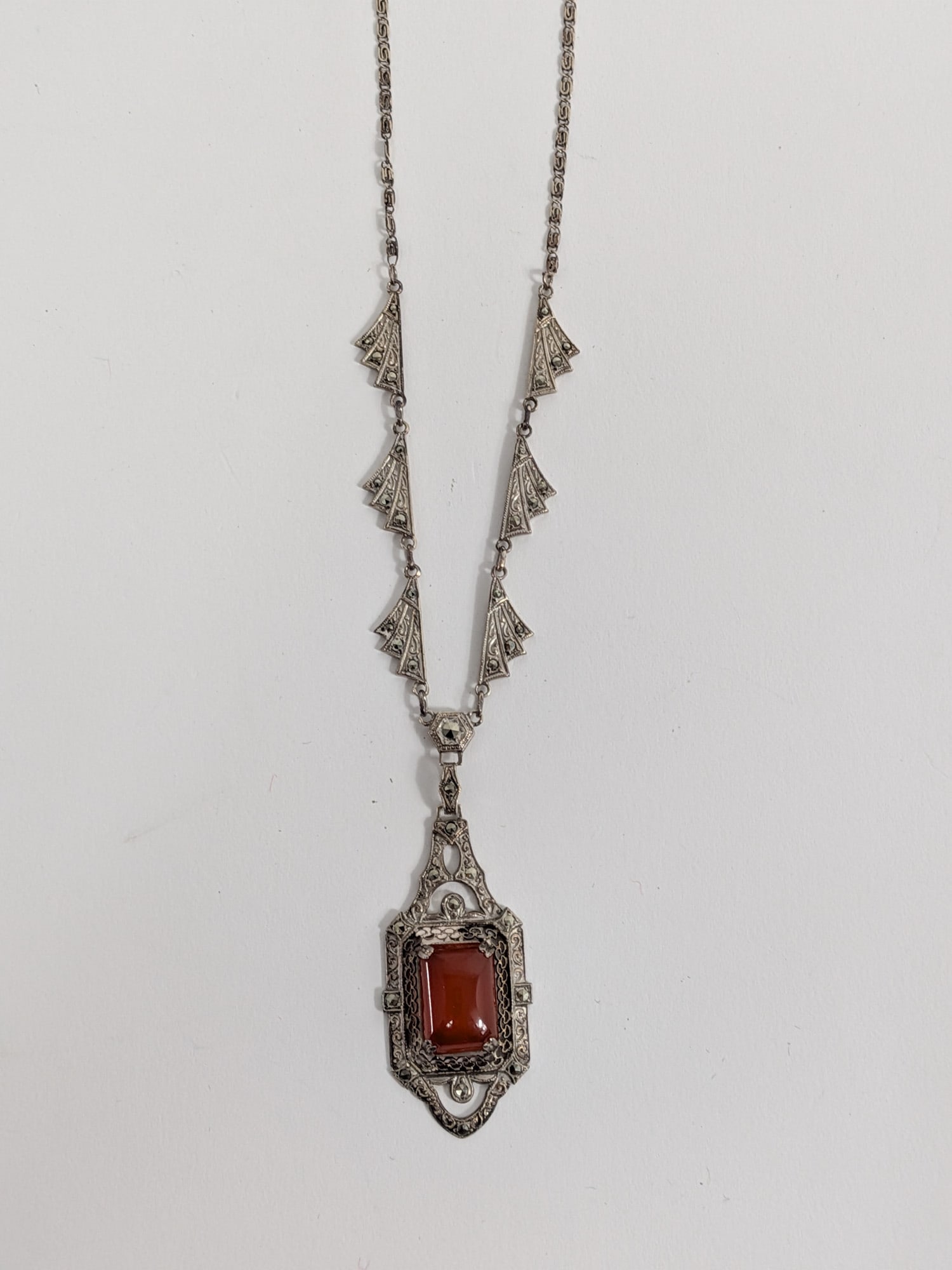 Antique Sterling Silver Art Deco Carnelian and Marcasite Necklace - 2
