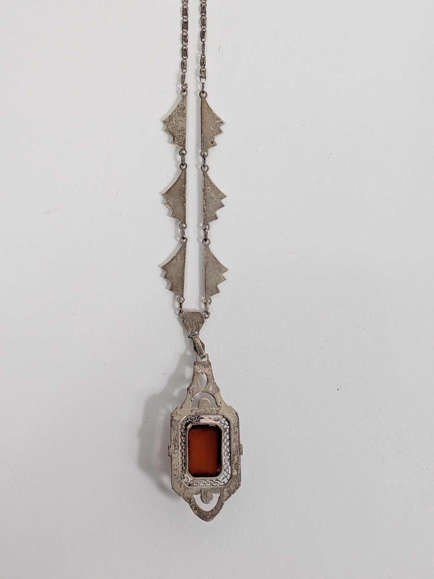 Antique Sterling Silver Art Deco Carnelian and Marcasite Necklace - 3