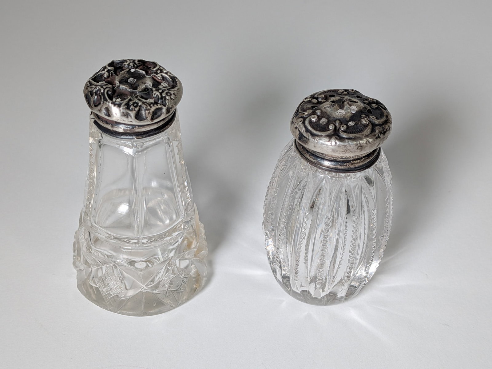 Antique Cut Glass Salt & Pepper Shakers with Sterling Silver Repousse Tops - 2