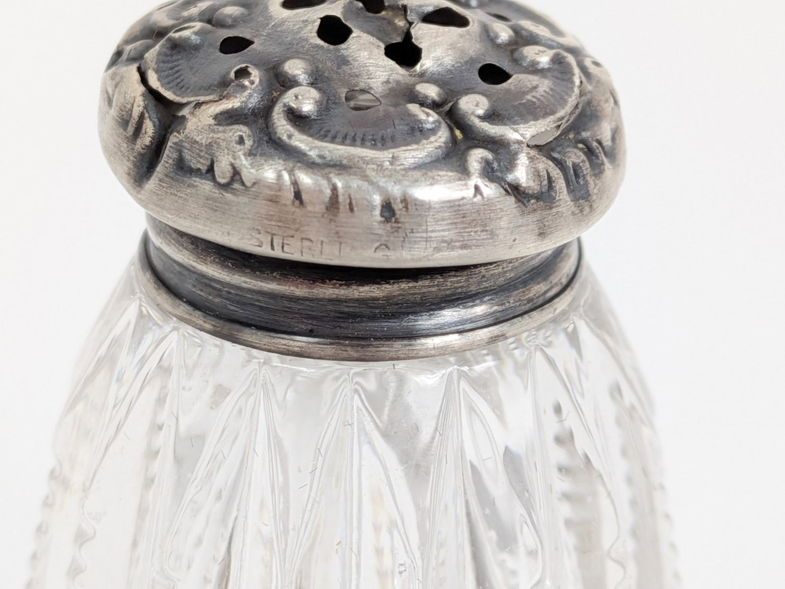 Antique Cut Glass Salt & Pepper Shakers with Sterling Silver Repousse Tops - 3