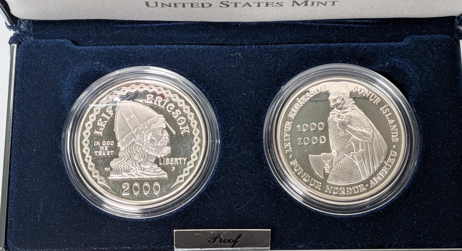 2000 Leif Ericson Millennium Commemorative Coins U.S. & Icelandic Proof Silver Set - 2